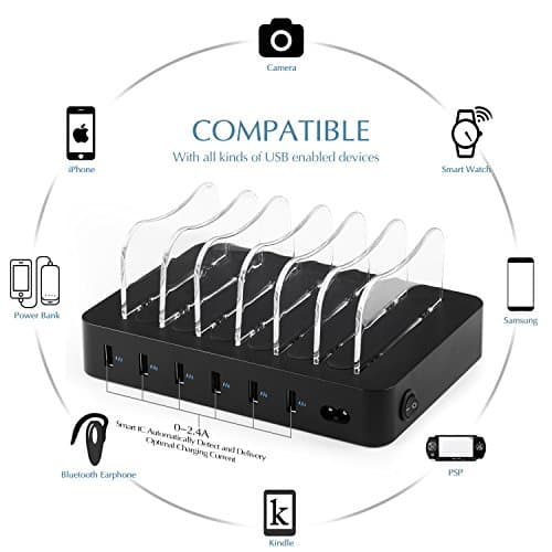 PRITEK Smart IC USB Charger with Cables for Cellphones, Tablets, Earphones and More - 6 Ports Multi Device Charger Station (Black) [Original: Organizer; Updated: Docking Station] — view 2