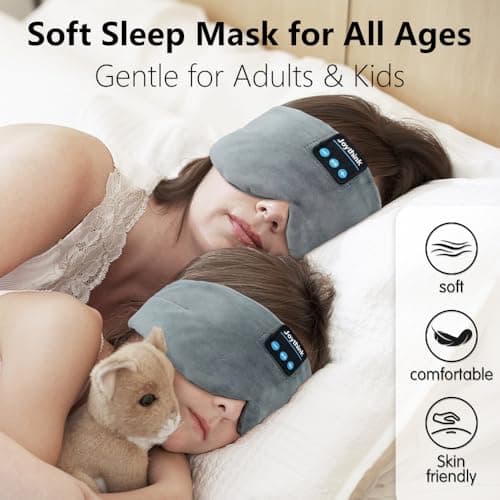 Joythink Sleep Headphones Wireless Eye Mask Kids Children Silk Wireless Headband Headphones for Sleeping with Adjustable Speaker Wireless Earbuds Side Sleeper Travel Meditation Music Mask Grey — view 2