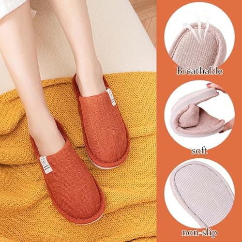 Colexy Women's Men's Slippers, Cotton Linen Comfortable and Breathable Material Indoor Slippers Washable Guest Slippers Autumn Winter Slippers for Hotel Casa Spa, Orange, 6.5/7.5 — view 5