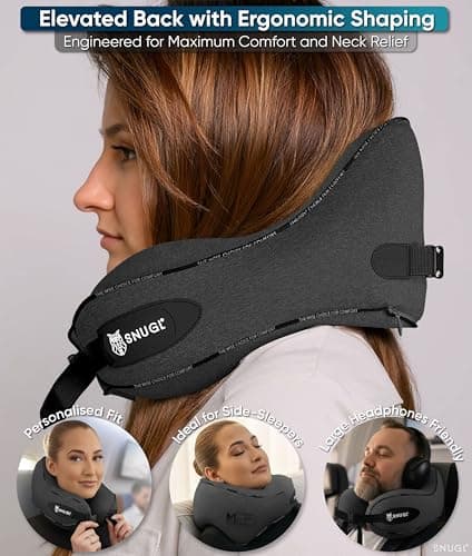 SNUGL Travel Pillow – Memory Foam Neck Pillow for Travel – Support Cushion for Airplane with Carry Bag & Clip - Holiday Essentials (Dark Grey - Adult Regular) — view 4