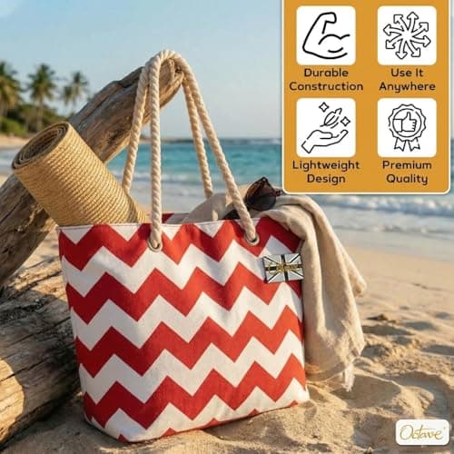 Octave Summer Beach Bag For Women – Ombre Two Tone Cotton Canvas Drawstring Tote Bag, Large Lightweight Holiday Shoulder Shopper, One Size (Red & White) — view 6