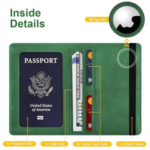 AOOSU Airtag Wallet Passport Holder Cover, PU Leather Passport Cover with RFID Blocking Travel Wallet, Portable Universal Travel Wallets Case Organiser for Money, Boarding Passes, Credit Cards Green — view 6