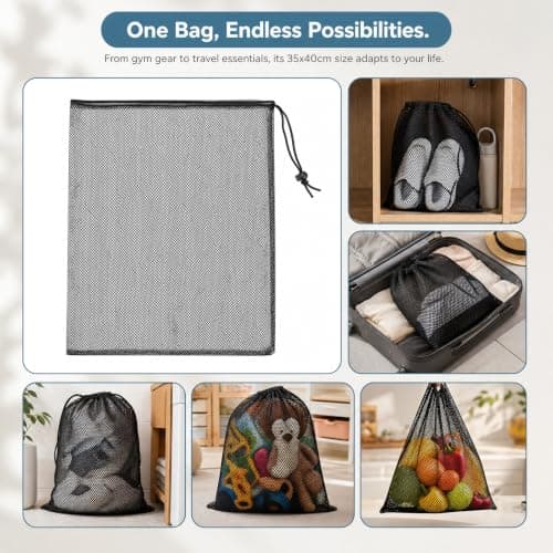 Large Mesh Drawstring Bags 4 Pcs, 35x40cm Black Nylon Net Bag for Beach, Swimming, Pool and Sports, Heavy Duty String Bag for Sand Toys, Gym, Travel and Laundry Storage — view 3