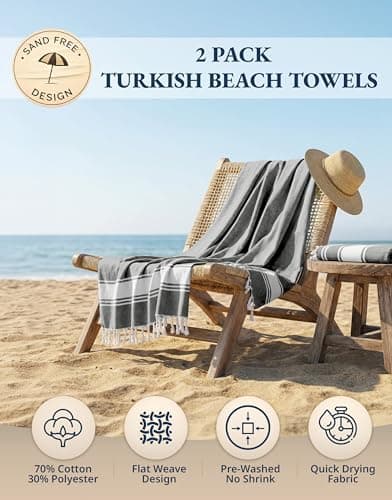 LANE LINEN 2 Pack Large Beach Towels, Oversized, Pre-Washed, No-Shrink Sand Free, Quick Dry, Lightweight Travel Towel, Soft Beach Bath Towel, 39"x71", Smoky Black — view 2