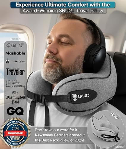 SNUGL Travel Pillow – Memory Foam Neck Pillow for Travel – Support Cushion for Airplane with Carry Bag & Clip - Holiday Essentials (Grey - Adult Small) — view 2