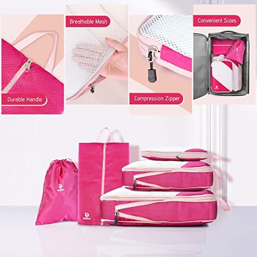 AiQInu Packing Cubes Compression Set, Pack of 5, Pink, Nylon, Rectangular, Zipper Closure, Travel Organiser with Laundry & Shoe Bags, Space Saver, TSA Approved — view 5