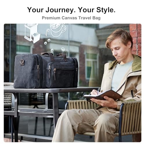 EKOROMIER 55L Canvas Travel Duffel Bag for Men – Expandable Weekender Holdall – Cabin Size Overnight Bag for Gym, Carry-On or Short Trips – Dark Grey — view 4
