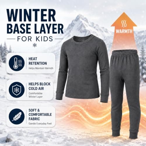 Kids Thermal Underwear Set, 2 Piece Winter Base Layer with Long Sleeve Crew Neck Top and Full Length Bottoms for Boys and Girls, School, Sports, Travel and Outdoor Activities (Charcoal, 5-6 Year) — view 3