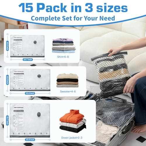 Travel Vacuum Storage Bags with Rechargeable Electric Pump, 15 Pack 3 Sizes Compression Bags for Clothes, Portable Space Saver Bags for Suitcase Luggage — view 3