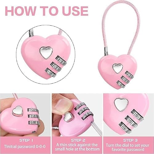 2 Pcs Pink Combination Lock, 3 Digit Heart Shaped Padlock for School Gym Locker,for TSA Approved Cable Luggage Locks, Sports Locker Lock, Luggage, Fence, Backpack, Valentine Gift, Luggage Accessories — view 5