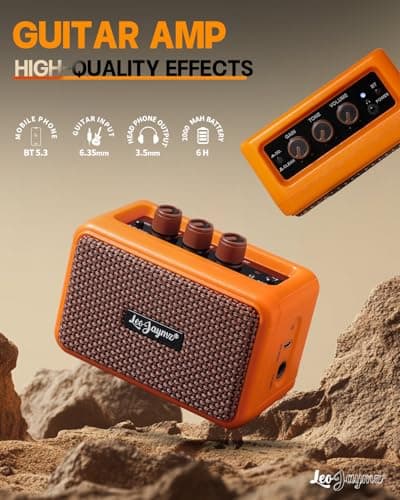 Leo Jaymz 5W Mini Guitar Amp, Portable BT Electric Guitar Amplifier, Dual Speaker Rechargeable, Clean & Overdrive Tone, Headphone Jack for Home Bedroom Travel Practice (Orange) — view 2