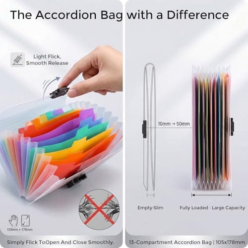 4 Pack A6 Concertina File Organiser, 13 Pockets Expanding Document Folder, Multicoloured Plastic Expanding Wallet with Rainbow Index Labels — view 3