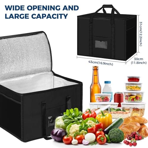Waflyer Cooler Bag, Large Insulated Reusable Grocery Shopping Bag, Heavy Duty Food Delivery Bag, Collapsible Cool Bag with Durable Handles and Dual Tab Zips for Shopping Camping Family BBQ Picnic — view 3
