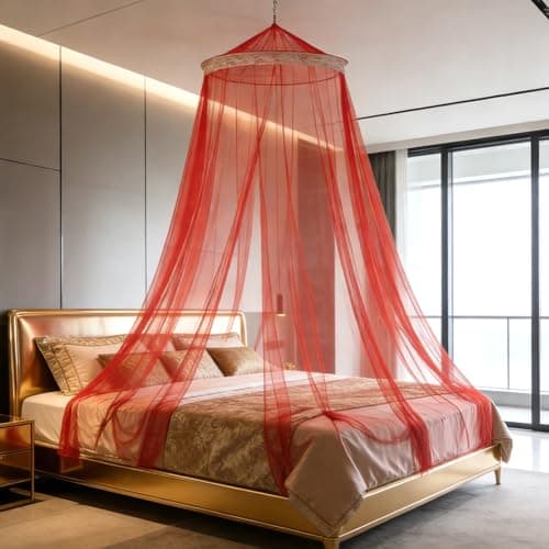HATFRYF Dome Mosquito Net, Bed Canopy, Dome Canopy Bed Large Hanging, Mosquito Net for Travel&Room Single to Double Universal, Breathable Mesh Effective Anti, Girls Boy Room Decor - Red — view 5