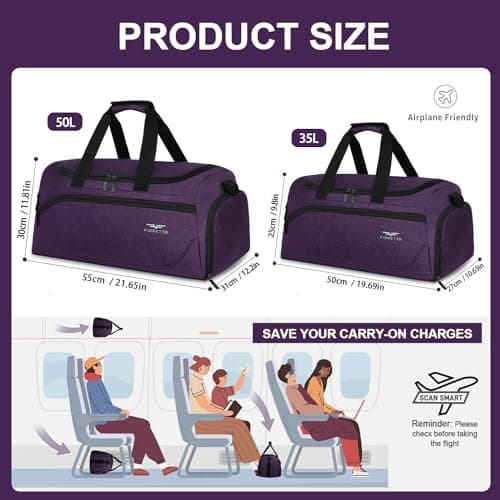 FIORETTO 50L Mens Sports Gym Bag with Wet Pocket & Shoe Compartment,Travel Duffle Bag Overnight Bag with Padded Shoulder Strap, Water-Resistant Sports Holdall for Swimming, Basketball Purple — view 2