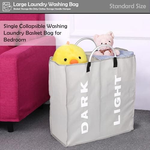 Double Compartment Laundry Basket with Handles | Collapsible Divided Clothes Hamper for Dark and Light Washing | Large Slim Portable Laundry Storage Bag for Home Dorm Travel Light Grey — view 3