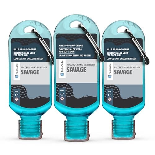 Palm Safe Savage 3 Pack 60ml Anti Bacterial Premium Hand Sanitiser Travel Size Refillable Clip Bottle Quick Drying Non Sticky Extra Moisturising Kills 99.9% of Viruses and Bacteria