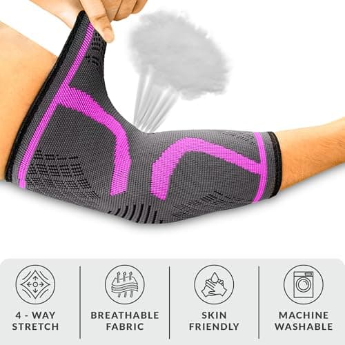360 RELIEF Elbow Support for Men, Women, Kids, 1 Pack Compression Elbow Sleeve for Tennis, Golfers, Sports, Fitness, Gym, Weightlifting, Medium, Pink + Laundry Bag — view 2