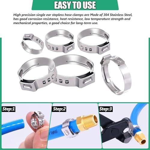 Twidec/48PCS 3/8",1/2",3/4",5/8",1" PEX Cinch Clamps Kit 5 size,Stainless Steel Pex Crimp Rings,Single Ear Hose Clamps For Pex Pipe Fitting Connections N-058-48PCS — view 3