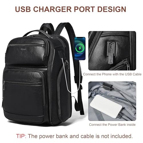 tiamyi Vegan Leather Backpack, 40L Expandable Carry On, TSA Travel Backpack for Men and Women, Fits 17.0 Inch Notebook with Luggage Strap and USB Port, Black — view 5