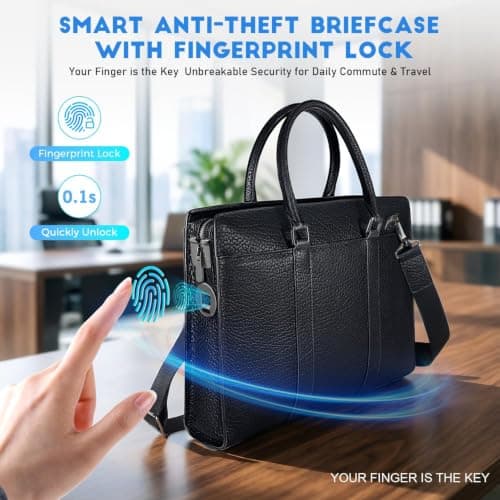 BBMars Leather Briefcase Anti-Theft Bag with Fingerprint Lock for Men,Black — view 2