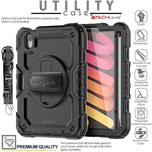 TECHGEAR Utility Case for iPad Mini 7/6 (8.3", 2024 7th Gen / 2021 6th Gen) Heavy Duty Rugged with 360° Stand, Hand & Shoulder Strap – Shockproof Armour Cover for Schools, Work, Outdoor Use - Black — view 2