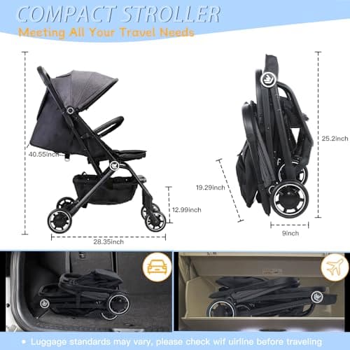 Rollingsurfer Lightweight Baby Stroller for Airplane, Compact Travel Pushchair with Retractable Foot Cover & Reclining Backrest, One Hand Fold Stroller — view 3