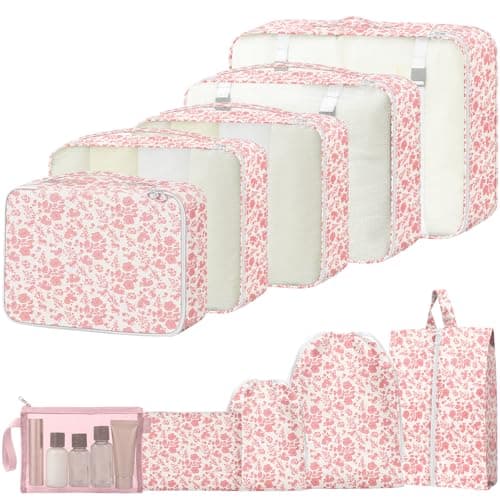 10PCS Packing Cubes for Suitcases, Travel Organiser Packing Bags for Clothes Shoes Toiletries Travel Luggage Organizers Storage Bags (Pink Flower)