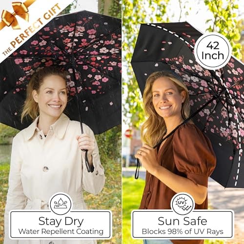TUMELLA Strongest Windproof Travel Umbrella (Compact, Superior & Beautiful), Small Strong but Light Portable and Automatic Folding Rain Umbrella, Durable Premium Grip, Fits Car & Backpack Black Pink — view 5