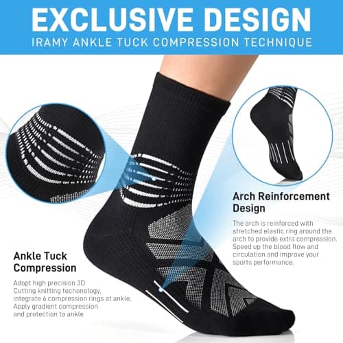 IRAMY Compression Ankle Support Socks Men Running Women Trainer Wicking Plantar Fasciitis Relief Hiking Crew Socks 3 Pairs Black L — view 2