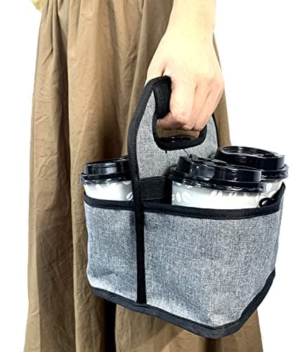 KOSTOO Portable Drink Carrier and Reusable Coffee Cup Holder for Hot or Cold Drinks, On-The-go Water Bottle Cup Caddy with Adjustable Elastic Fastening Strap, Gray (Gray-4 Pockets) — view 5