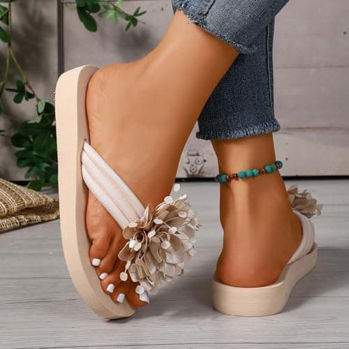 Flip Flop Sandals with Flat Sole Summer Casual Beach Slide Slippers Comfortable Lightweight Outdoor Indoor Wear (Beige, 6) — view 5