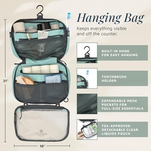 Toiletry Bag Kit Set: Hanging Travel Toiletry Bag + 311 TSA Cosmetic Liquid Bag + Ultralight Accessory Organizer Pouch, Dusty Teal Makeup, 3 Piece Toiletry Set — view 3