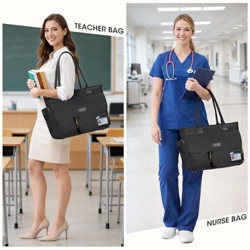 RAINSMORE Teacher Tote Bag for Women with Lunch Compartment 15.6 inch Laptop Bag Large Nurse Bag with Insulated Section Water-Resistant Lunch Bag Work Handbag for Office, College, Travel, Black — view 2