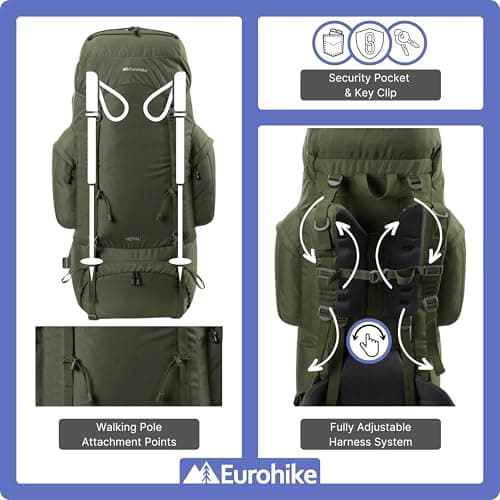 Eurohike Nepal 85 Litre Rucksack with Ventilated Back Panel & Padded Harness, 85L Backpack, Bag for Men & Women, Adjustable, Lightweight, Camping, Hiking, Trekking, Travelling, Outdoor, Green — view 4