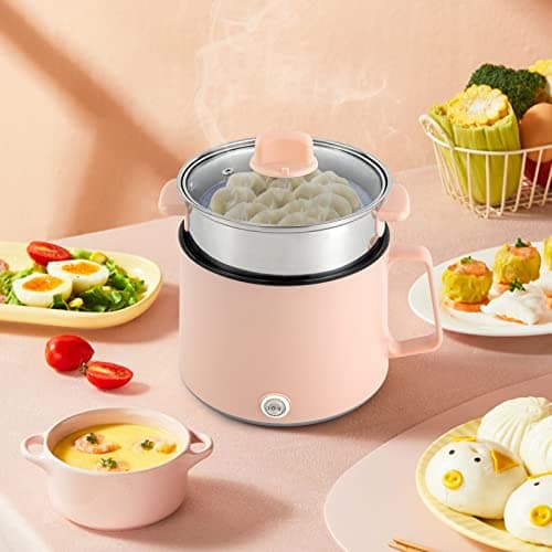 1.7L Electric Hot Pot, Double Layer Electric Cooker with Steamer, Portable Multifunctional Noodle Pot, Mini Travel Hot Pot for Soup Pasta Vegetables, Boil Dry Protection UK Plug (Pink) — view 2