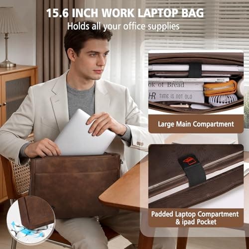 RAINSMORE Leather Messenger Bag for Men 15.6 Inch Waterproof Laptop Bag Vintage Computer Briefcase Large Shoulder Satchel Bags for Work Business Office College — view 5