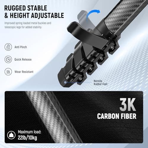 NEEWER LITETRIP LT38 61" Travel Tripod Carbon Fiber for Camera, 360° Pan Tilt Low Profile Ball Head, Flexible Center Axis, Arca QR Plate Compatible with Peak Design Tripod Clip V3, Max Load 22lb — view 3