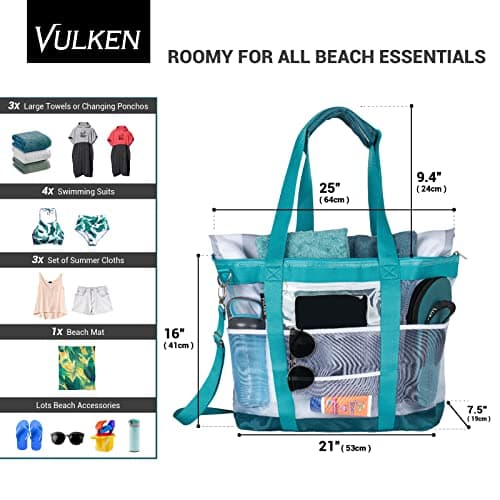 Vulken 42L Extra Large Mesh Beach Bag. 9 Pockets Top Zip Tote Bag, Turquoise — view 3