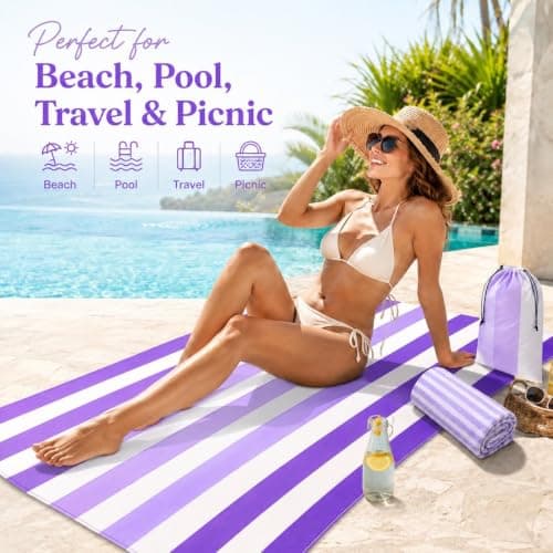Oversized Microfibre Beach Towel Set, 180 x 90 cm Quick Dry Sand Resistant Beach Towel with 75 x 35 cm Drying Towel and Drawstring Bag, Lightweight Travel Towel for Beach, Pool, Picnic, Purple Stripe — view 5