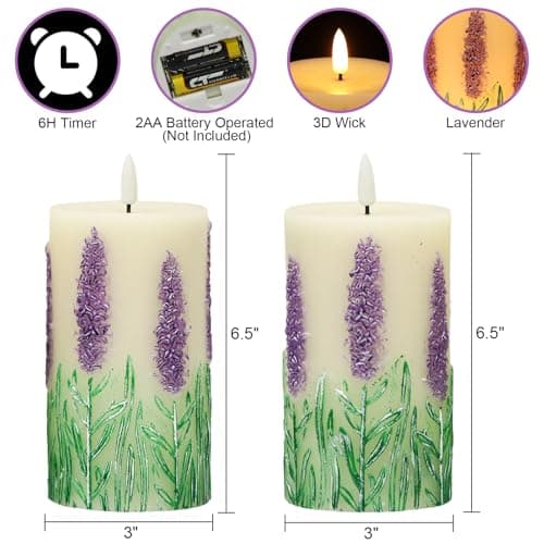 Eldnacele Lavender LED Candles Battery Operated with 6 Hour Timer, Real Wax Hand-Painted Flameless Pillar Candles with Flickering Flame for Christmas Decorations(2 Pack, 3" D x 6.5" H) — view 2