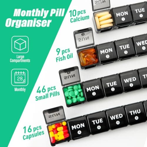 Yaklim Monthly Pill Box Organiser: Large Monthly Pill Organiser 4 Week Daily Pill Container with Dust-Proof Tablet Case - 28 Day Travel Medicine Dosette Box XL Copartments Vitamin Holder (Black) — view 4
