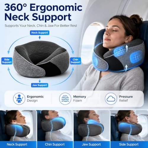 Memory Foam Travel Neck Pillow, 360° Ergonomic Neck & Chin Support Pillow with Adjustable Fastening, Compact Travel Pillow Set with Eye Mask, Earplugs and Storage Bag for Flights, Car and Office — view 2