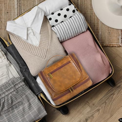 Premium Leather Hanging Toiletry Bag for Men and Women, Waterproof Travel Organiser with 7 Separate Compartments, Compact Dopp Kit for Gym Camping and Daily Grooming — view 4