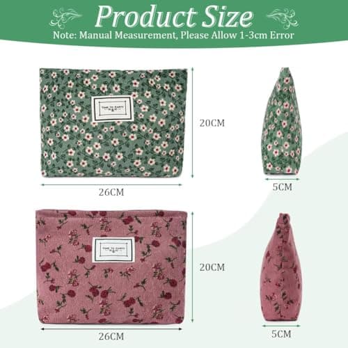 Aucuu Cosmetic Bags, 2 Pcs Small Floral Canvas Cosmetic Bag, Rose Flower Printing Corduroy Toiletry Bag, Multifunctional Travel Makeup Bag with Metal Zipper for Women Girls Gift-Pink&Green Flower — view 2