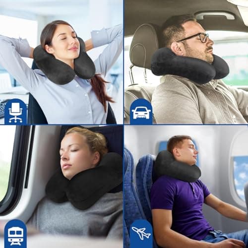 Travel Pillow, Neck Pillow Inflatable for Aeroplane with Ear Plugs, Soft Velvet, Ergonomic Neck Pillow, Travel Pillow, Inflatable for Office, Plane, Car, Travel, Camping, Sleeping Rest Pillow (Black) — view 6