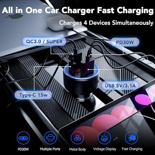 AGEK USB C Car Charger Adapter, 78W 4 Port Metal Car USB Charger with Voltmeter Dual USB C Car Phone Charger Cigarette Lighter USB Charger Fast Charge for iPhone 17 16 15, Samsung Galaxy, iPad — view 2