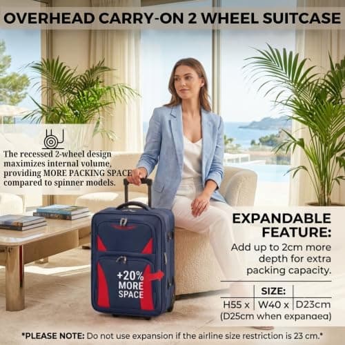 DK Luggage Carry-on 20” Lightweight Expandable Overhead Cabin Wizz air, EasyJet, BA, Jet 2 Hand Luggage Approved Suitcase 2 Wheel Luggage DK16 (Navy, 20" Cabin) — view 3