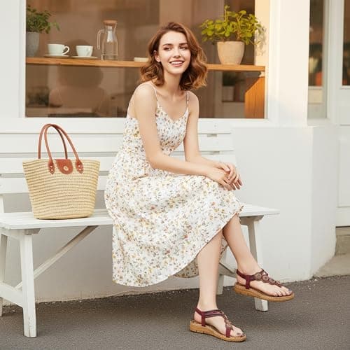 HARENCE Flat Sandals for Women Comfortable: Dressy Summer Bohemian Beaded Toe Ring Shoes - Zero Foot Pain for Casual Walking, Wine Red, 4 UK — view 2