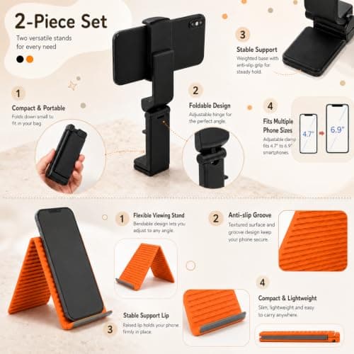 CAWRUKP 2PCS Silicone Phone Holder for Plane Travel, Mobile Phone Stand with Adjustable Design, Black and Orange Bendable Travel Accessories — view 3
